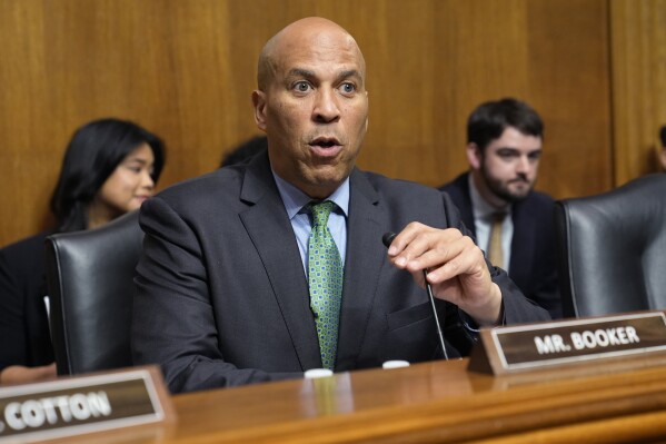 Senate Judiciary Subcommittee on Criminal Justice and Counterterrorism Chair Sen. Cory Booker, D-N.J., speaks during a hearing on Capitol Hill in Washington, Tuesday, May 21, 2024, to examine forced labor in prisons. (AP Photo/Susan Walsh)