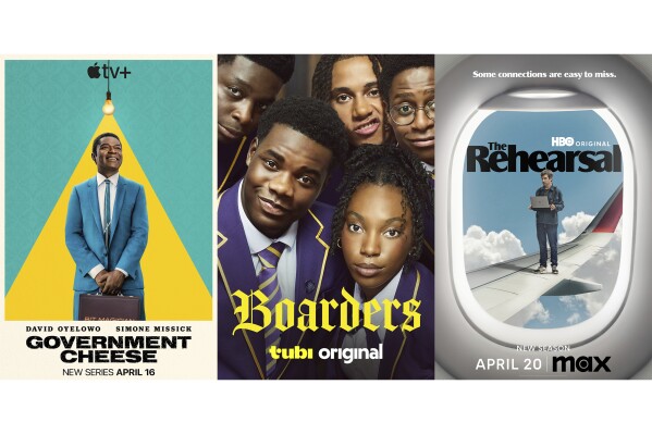 This combination of photos shows promotional art for the series "Government Cheese," left, "Boarders," center, and "he Rehearsal." (Apple TV+/Tubi/Max via AP)