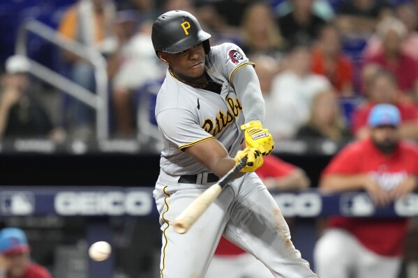 Pittsburgh Pirates' Ke'Bryan Hayes strikes out swinging during the fourth inning of a baseball game against the Miami Marlins, Saturday, June 24, 2023, in Miami. (AP Photo/Lynne Sladky)