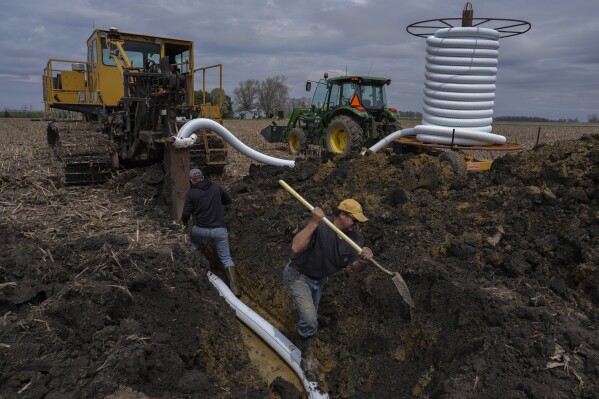 Jason Pierson, right, digs while installing tile drainage in an agricultural field, Tuesday, April 9, 2024, in Sabina, Ohio. These tiles are large perforated plastic pipes about 3 feet (1 meter) below the soil that collect water and carry it away, usually to a canal between fields. (AP Photo/Joshua A. Bickel)