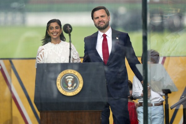 Vice President JD Vance and second lady Usha Vance, with their children, arrive for a military parade commemorating the Army's 250th anniversary, coinciding with his 79th birthday, Saturday, June 14, 2025, in Washington. (AP Photo/Julia Demaree Nikhinson)