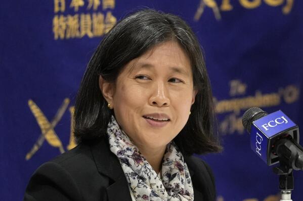 U.S. Trade Representative Katherine Tai listens to a reporter's question at a press conference at the Foreign Correspondents' Club of Japan Thursday, April 20, 2023, in Tokyo. Washington is not seeking to decouple the American economy from China’s, Tai said Thursday while on a visit to Tokyo. (AP Photo/Shuji Kajiyama)