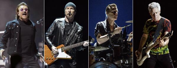 This combination of four separate photos shows members of the Irish rock band U2, from left, lead singer Bono performing in Washington on June 17, 2018, The Edge performing in Chicago on May 22, 2018, Larry Mullen Jr. and Adam Clayton, both performing at the Bonnaroo Music and Arts Festival in Manchester, Tenn., on June 9, 2017. The band's latest release, “Songs Of Surrender,” is a collection of 40 re-recorded and reimagined songs from across the band’s catalog. (AP Photo)