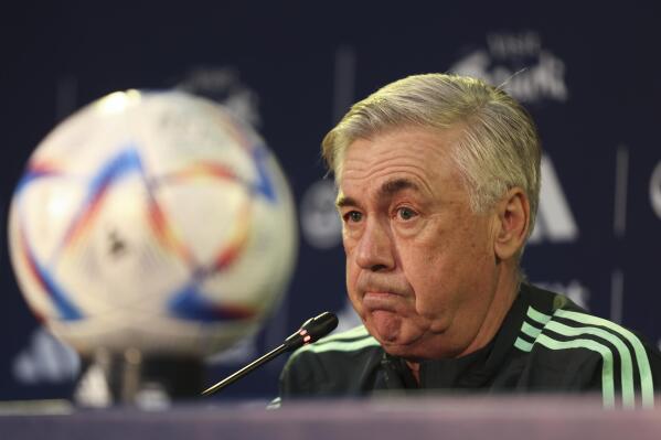 Real Madrid Head Coach Carlo Ancelotti attends a press conference before his team's soccer match final against Saudi Arabia's Al Hilal. during the FIFA Club World Cup 2022, in Rabat, Morocco, Friday, Feb. 10, 2023. (AP Photo)
