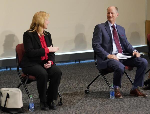 Minnesota Senate Majority Leader Paul Gazelka, R-East Gull Lake, right, and House Speaker Melissa Hortman, DFL-Brooklyn Park, enjoyed a light moment during a press conference Monday, May 17, 2021, in St. Paul, Minn., announcing the Legislature and Minnesota Gov. Tim Walz agreed to spend $52 billion on the next two-year budget. (David Joles/Star Tribune via AP)