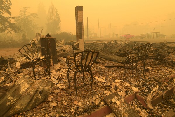 FILE - Chairs stand at the Gates Post office in the aftermath of a fire in Gates, Ore., Sept 9, 2020. The post office was destroyed along with several other buildings in the Santiam Canyon community as a result of the Santiam Fire. Pacific Power, owned by PacifiCorp, said Monday, June 3, 2024, that it has agreed to a nearly $180 million settlement with over 400 Oregon plaintiffs who sued the utility after the deadly 2020 wildfires. (Mark Ylen/Albany Democrat-Herald via AP, File)