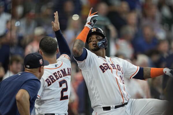 Martin Maldonado of the Houston Astros celebrates hitting a home