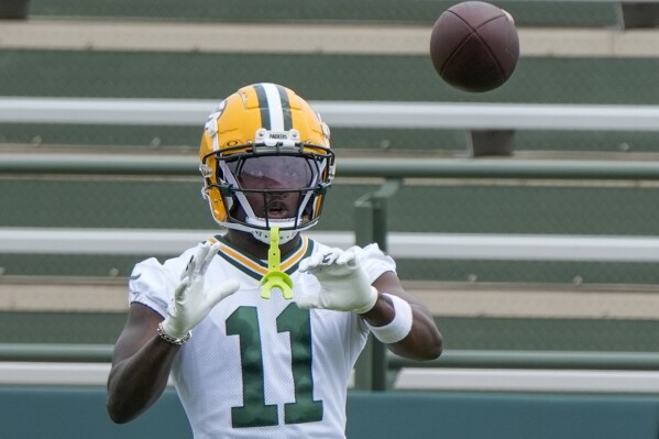 Green Bay Packers' Jayden Reed runs a drill during an NFL football OTA Tuesday, May 21, 2024, in Green Bay, Wis. (AP Photo/Morry Gash)