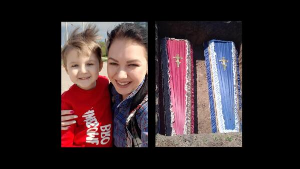 At left, this pre-war photo provided by the family shows 5-year-old Artem Erashov, with his mother, Lydya. The boy and his 7-year-old cousin, Angelina, were killed during Russian shelling on March 9, 2022. Right: photo provided by the family shows the coffins of two young cousins, Artem and Angelina Erashov, who were killed in Mariupol, Ukraine, during Russian shelling on March 9, 2022. Their parents fled Mariupol soon after but returned to the occupied city in July to rebury the children, ages 5 and 7, in the Staryi Krym cemetery, now the site of thousands of new graves since the Russian invasion began Feb. 24. (Family photos via AP)