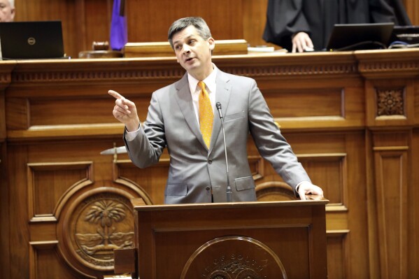 South Carolina Senate Majority Leader Shane Massey, R-Edgefield, speaks about a massive energy bill on Tuesday, April 16, 2024, in Columbia, SC. (AP Photo/Jeffrey Collins)