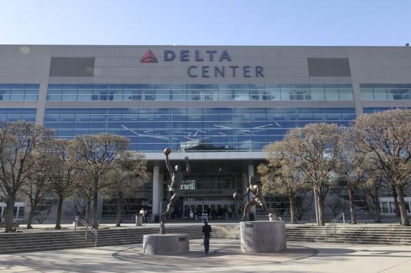 Delta Center is viewed before an NBA basketball game between the Utah Jazz and the Chicago Bulls, Monday, March 17, 2025, in Salt Lake City. (AP Photo/Rob Gray, file)