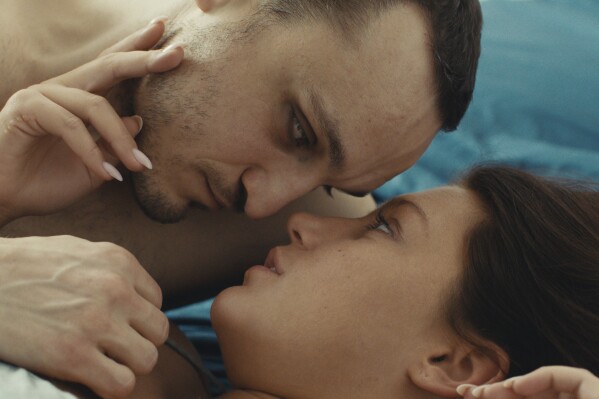 This image released by Mubi shows Franz Rogowski, left, and Adèle Exarchopoulos in a scene from "Passages." (Mubi via AP)