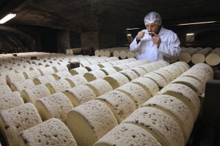 FILE - In this Jan. 21, 2009, file photo, Bernard Roques, a refiner of Societe company, smells a Roquefort cheese as they mature in a cellar in Roquefort, southwestern France. The Trump administration is proposing tariffs on up to $2.4 billion worth of French imports, from Roquefort cheese to handbags,  retaliation for France’s tax on American tech giants like Google, Amazon and Facebook. The Office of the U.S. Trade Representative says France’s new digital services tax discriminates against U.S. companies and says that the tariffs could reach 100%.(AP Photo/Bob Edme, File)