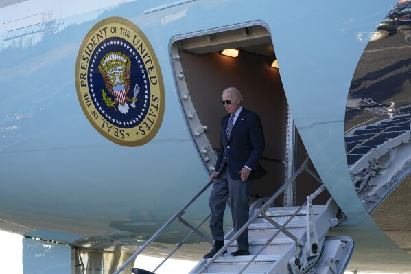 President Joe Biden arrives on Air Force One at Grand Canyon National Park Airport, Monday, Aug. 7, 2023, in Grand Canyon Village, Ariz. (AP Photo/Alex Brandon)