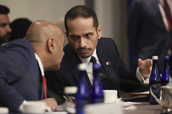Qatari Foreign Minister Sheikh Mohammed bin Abdulrahman Al-Thani reacts as U.S. Secretary of State Antony Blinken speaks during a meeting with Foreign Ministers of the Gulf Cooperation Council Member States in New York on Wednesday, Sept. 25, 2024. (Caitlin Ochs/Pool Photo via AP)