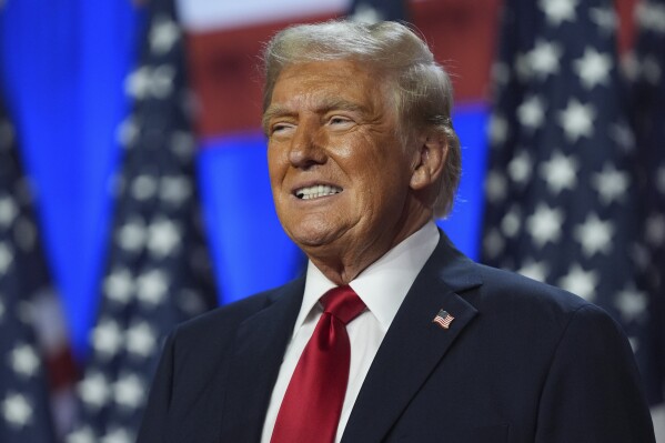 FILE - Then-Republican presidential nominee former President Donald Trump smiles at an election night watch party at the Palm Beach Convention Center, Nov. 6, 2024, in West Palm Beach, Fla. (AP Photo/Evan Vucci, File)