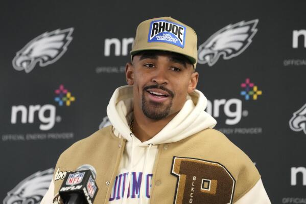 Philadelphia Eagles quarterback Jalen Hurts responds to a question during a news conference after an NFL football game against the Chicago Bears Sunday, Dec. 18, 2022, in Chicago. (AP Photo/Charles Rex Arbogast)