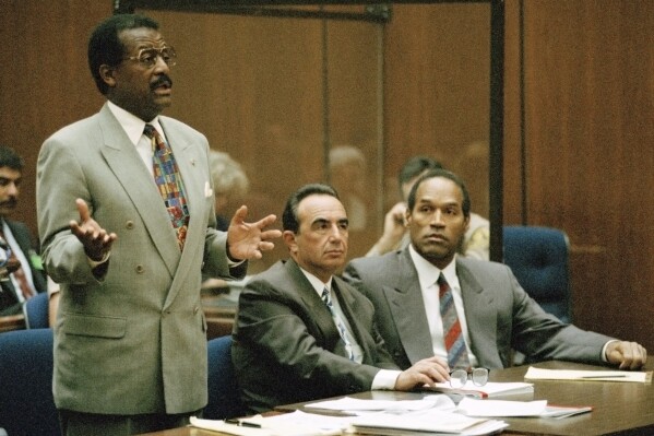 FILE - Johnnie Cochran Jr. addresses the court during a hearing for OJ Simpson in Los Angeles, July 29, 1994. Simpson, the award-winning football superstar and Hollywood actor who was acquitted of murdering his ex-wife and her boyfriend , but later found guilty in a separate civil trial has died.  He was 76. (AP Photo/Pool/Nick Ut, File)