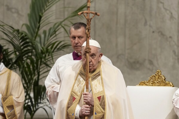 FILE - Pope Francis presides over a mass for the religious orders in St. Peter's Basilica at the Vatican, Friday, Feb. 2, 2024. Pope Francis on Saturday reaffirmed Christians special relationship with Jews amid rising antisemitism since the outbreak of the Gaza war in a letter to the Jews of Israel that he said was prompted by messages from Jewish organizations around the world. In the letter that served as a belated fence-mending after Francis was criticized for his initial response to the Oct. 7 Hamas attacks on Israel, Francis said the Holy Land has been “cast into a spiral of unprecedented violence.