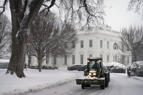A tractor hauls a load of snow while clearing a driveway on the North Lawn of the White House, Monday, Jan. 6, 2025, in Washington. (AP Photo/Mark Schiefelbein)