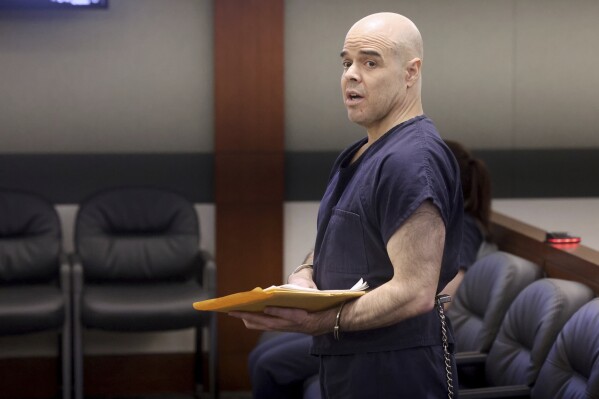 Former Clark County Public Administrator Robert Telles, who is accused of murdering investigative reporter Jeff German, argues in court during a hearing at the Regional Justice Center in Las Vegas Wednesday, Oct. 18, 2023. A Nevada judge on Wednesday pushed back to next March a trial date for Telles who remains jailed and has been serving as his own defense attorney in the killing of an investigative reporter more than a year ago. (K.M. Cannon/Las Vegas Review-Journal)