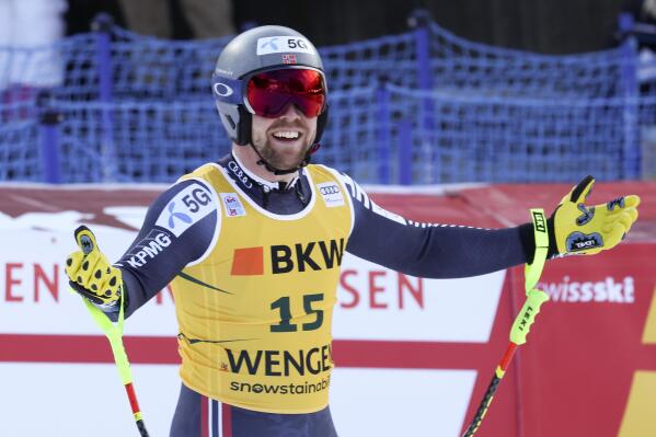 Norway's Aleksander Aamodt Kilde celebrates at the finish area during an alpine ski, men's World Cup super G race, in Wengen, Switzerland, Friday, Jan. 13, 2023. (AP Photo/Alessandro Trovati)