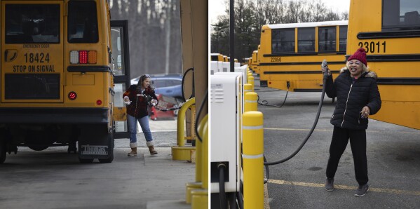 A diesel bus is filled with gas on the left, and an electric bus is charged on the right.  (AP Photo/Tom Brenner)