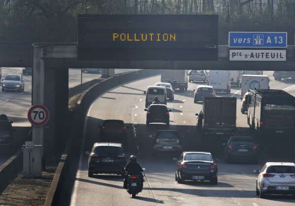 FILE - In this Dec.8, 2016 file photo, vehicles drive on Paris ring during a pollution spike. A court on Wednesday Feb.3, 2021 ruled that the French state failed to take sufficient action to fight climate change in a case brought by a group of nongovernmental organizations who billed the action the "case of the century." (AP Photo/Michel Euler, File)