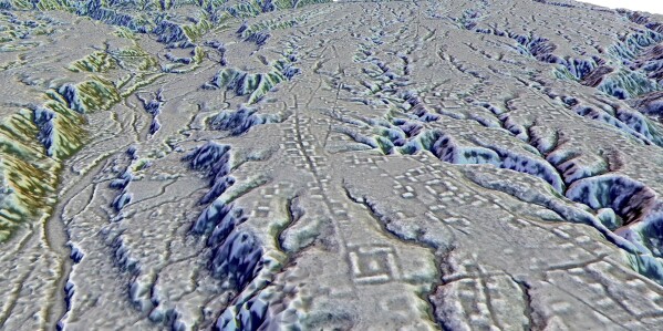 This LIDAR image provided by researchers in January 2024 shows complexes of rectangular platforms arranged around low squares and distributed along wide dug streets at the Kunguints site, Upano Valley in Ecuador. Archeologists have uncovered a cluster of lost cities in the Amazon rainforest that was home to at least 10,000 farmers around 2,000 years ago, according to a paper published Thursday, Jan. 11, 2024, in the journal Science. (Antoine Dorison, Stéphen Rostain via AP)