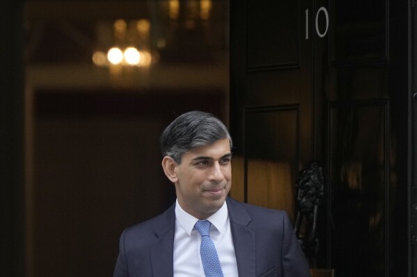 Britain's Prime Minister Rishi Sunak leaves 10 Downing Street to go to the House of Commons for his weekly Prime Minister's Questions in London, Wednesday, Feb. 28, 2024. (AP Photo/Alastair Grant)