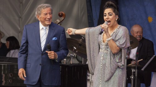 FILE - Tony Bennett, left, and Lady Gaga perform at the New Orleans Jazz & Heritage Festival, on April 26, 2015 in New Orleans. Bennett died Friday, July 21, 2023. at age 96. (Photo by Barry Brecheisen/Invision/AP, File)