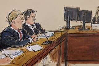 FILE - This artist sketch depicts former President Donald Trump, far left, pleading not guilty as the Clerk of the Court reads the charges and asks him "How do you plea?" Tuesday, April 4, 2023, in a Manhattan courtroom in New York, as his attorney Joseph Tacopina, center, watches. Trump is expected in court Thursday, Feb. 15, 2024, for an important hearing in his New York hush-money criminal case, which now appears increasingly likely to go to trial next month. Judge Juan Manuel Merchan is expected to rule on key pretrial issues and say for certain if the former president's trial will begin as scheduled on March 25. (Elizabeth Williams via AP, File)