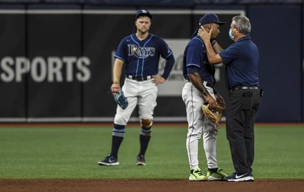 Tampa Bay Rays shortstop Wander Franco, left, and center fielder