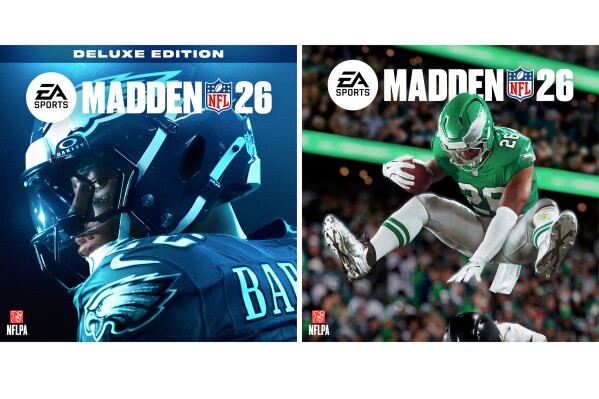 This combo of images provided by EA Sports shows Philadelphia Eagles running back Saquon Barkley on the cover of EA Sports' Madden 26 deluxe edition, left, and standard edition. (EA Sports via AP)