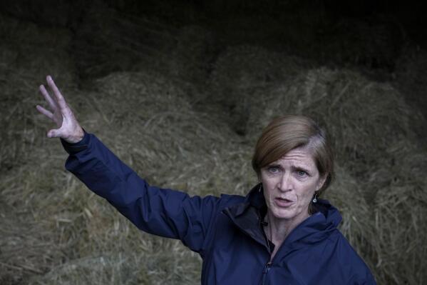 USAID chief Samantha Power gestures as she speaks to journalists at an animal fodder processing plant in the eastern city of Zahleh, Lebanon, Wednesday, Nov. 9, 2022. Power announced that the United States will give $80.5 million in aid for food assistance and solar-powered water pumping stations in the crisis-battered country of Lebanon. (AP Photo/Bilal Hussein)