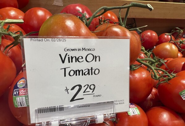 Tomatoes imported from Mexico are for sale in a supermarket in Miami as the United States imposed 25% tariffs on goods from Canada and Mexico, starting a trade war with its closest neighbors and allies Wednesday, Mar. 5, 2025. (AP Photo/Lynne Sladky, File)