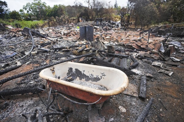 A tub rests in the middle of a wildfire-destroyed home Monday, Aug. 14, 2023, in Kula, Hawaii. The same day a wildfire ripped through Lahaina, one tore through Kula, as well. (AP Photo/Rick Bowmer)