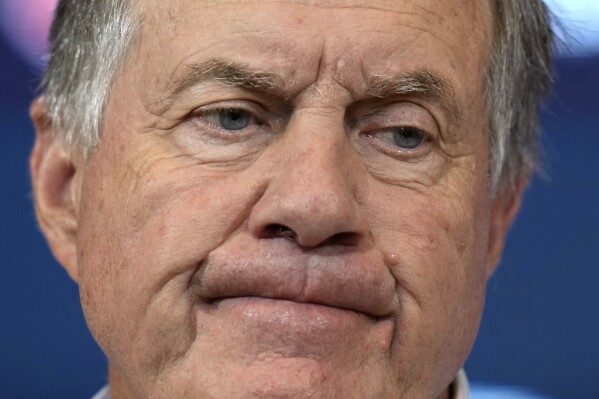 New England Patriots head coach Bill Belichick listens to a question during a media availability after an NFL football game against the New Orleans Saints, Sunday, Oct. 8, 2023, in Foxborough, Mass. (AP Photo/Charles Krupa)