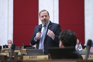 This photo provided by the West Virginia Legislature shows Todd Kirby, a Republican member of the state House of Delegates, speaking, Friday, Feb. 23, 2024, at the state Capitol in Charleston, W.Va. West Virginia would join 45 other states that allow religious exemptions from childhood vaccines required for school attendance under a bill that passed the House of Delegates on Monday, Feb. 26. Kirby, who sponsored the religious exemption amendment added to the bill last week, said the exemption sends a message about existing guarantees of religious freedom. (Perry Bennett/West Virginia Legislative Photography via AP)