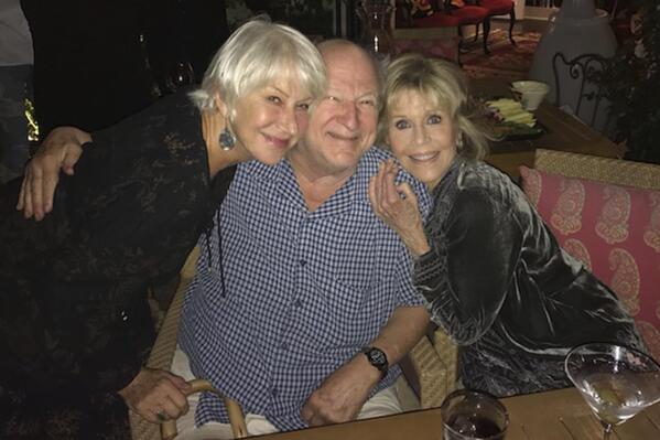 This image provided by Beth Vantosh shows Helen Mirren, from left, Bobby Zarem and Jane Fonda on Oct. 9 2017, in Los Angeles. (Beth Vantosh via AP)