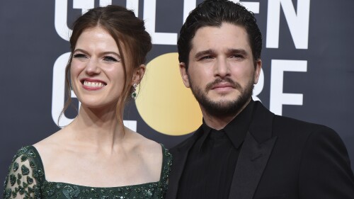 FILE - Rose Leslie, left, and Kit Harington arrive at the 77th annual Golden Globe Awards on Jan. 5, 2020, in Beverly Hills, Calif. The "Game of Thrones" stars have welcomed their second child. A publicist for Harington confirmed Monday that the couple, who famously met on the set of “Game of Thrones," have added a daughter to their family. (Photo by Jordan Strauss/Invision/AP, File)