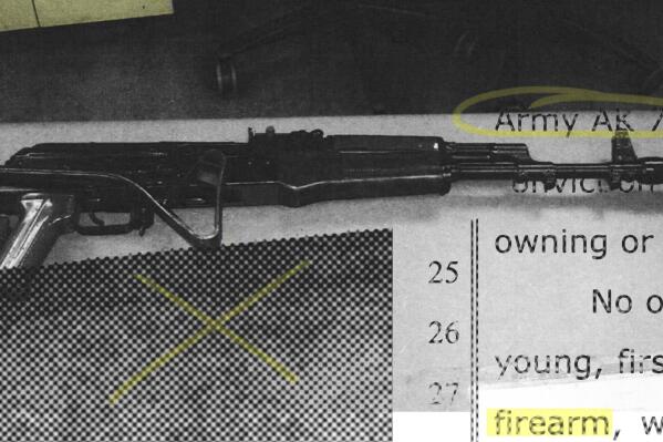 A photo illustration from a Clovis, California, police evidence image of a stolen AK-74 and an associated investigative document. (AP Illustration/Nat Castañeda)