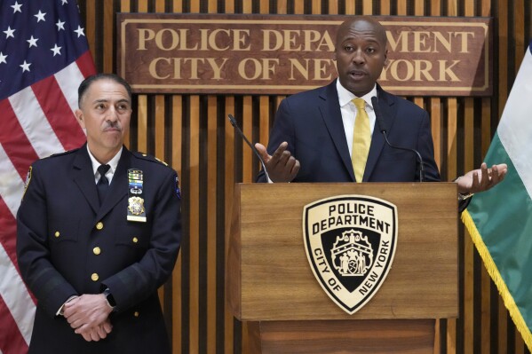 New York City Police Dept. Deputy Commissioner of Public Information Tarik Sheppard, right, is joined by Assistant Chief at Emergency Services Unit Carlos Valdez, as he speaks to reporters during a news conference at police headquarters, Friday, May 3, 2024, in New York. (AP Photo/Mary Altaffer)