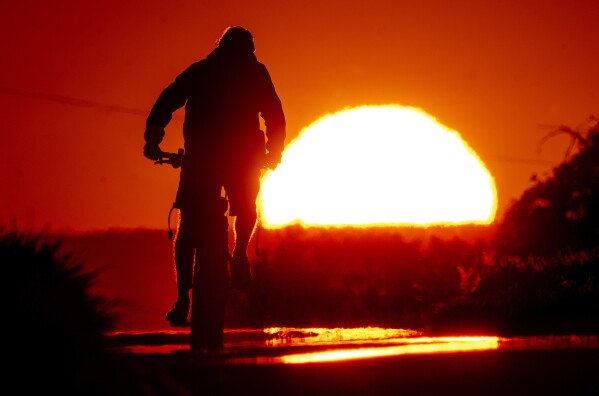 A man rides a bike on a small road on the outskirts of Frankfurt, Germany, as the sun rises on Friday, July 7, 2023. (AP Photo/Michael Probst)