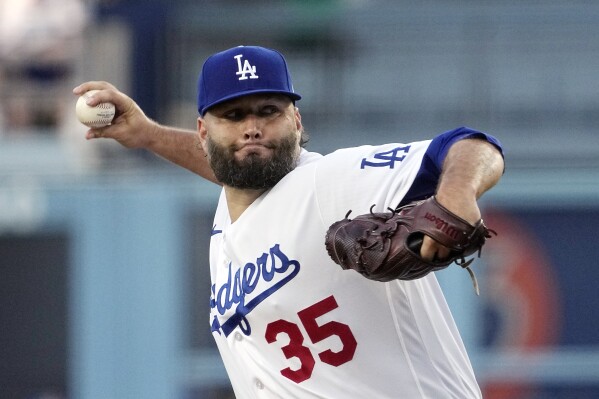 Los Angeles Dodgers starting pitcher Lance Lynn throws to the plate during the first inning of a baseball game against the Oakland Athletics Tuesday, Aug. 1, 2023, in Los Angeles. (AP Photo/Mark J. Terrill)