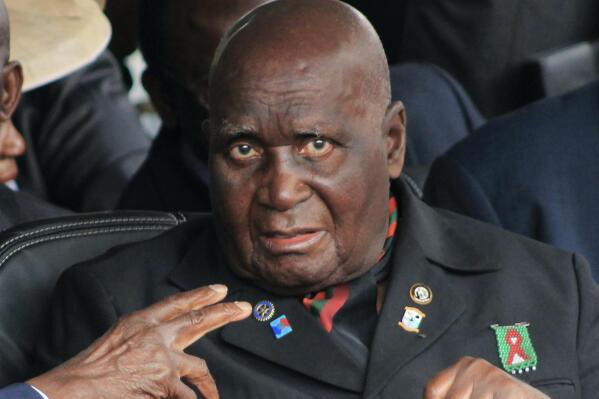 FILE - In this Jan. 25, 2015 file photo, former Zambia president Kenneth Kaunda, attends the inauguration ceremony of the Patriotic Front's Edgar Lungu, in Lusaka. Zambia’s first president Kenneth Kaunda has died at the age of 97, the country's president Edward Lungu announced Thursday June 17, 2021. (AP Photo/Moses Mwape, File)