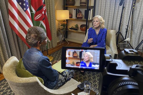 First Lady of the United States Jill Biden speaks during an interview with Associated Press White House reporter Darlene Superville in Nairobi, Kenya, Friday, Feb. 24, 2023. Biden told The Associated Press in the exclusive interview that she feels a kinship with Africa during her sixth visit to the continent. She says she wants to support nations fighting for democracy — "just like I feel we're doing in the United States." (AP Photo/Brian Inganga)