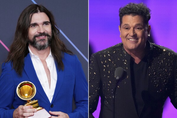 This combination of photos shows, from left, Juanes with the award for best pop rock album for "Origen" at the 22nd annual Latin Grammy Awards on Nov. 18, 2021, in Las Vegas and Carlos Vives accepting the Legacy Award at the Latin American Music Awards on April 20, 2023, in Las Vegas. Colombian superstars Vives and Juanes have teamed up for the first time, ever, to remake the Carlos Huertas' vallenato classic, “Las Mujeres." (AP Photo)