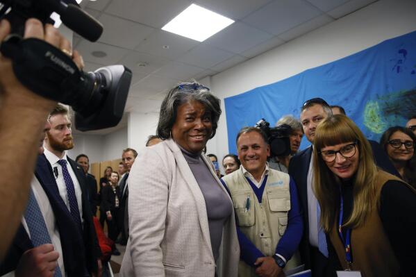 U.S. Ambassador to the United Nations Linda Thomas-Greenfield, centre, visits the UNICEF facility in Warsaw, Poland, Wednesday, Nov. 9, 2022. The U.S. Ambassador to the United Nations says she does not expect the U.S. midterm election to weaken U.S. support for Ukraine given the bipartisan support for Kyiv since Russia’s invasion of its neighbor. Linda Thomas-Greenfield spoke after she visited a UNICEF center in Warsaw that has become a hub for Ukrainian refugee children in their mothers, offering educational support and therapy. (AP Photo/Michal Dyjuk)