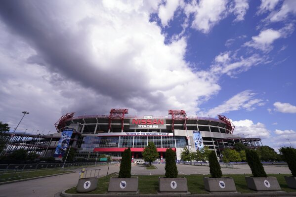 Nissan Stadium, home of the Tennessee Titans, is shown Tuesday, Sept. 29, 2020, in Nashville, Tenn. The Titans suspended in-person activities through Friday after the NFL says three Titans players and five personnel tested positive for the coronavirus, becoming the first COVID-19 outbreak of the NFL season in Week 4. (AP Photo/Mark Humphrey)